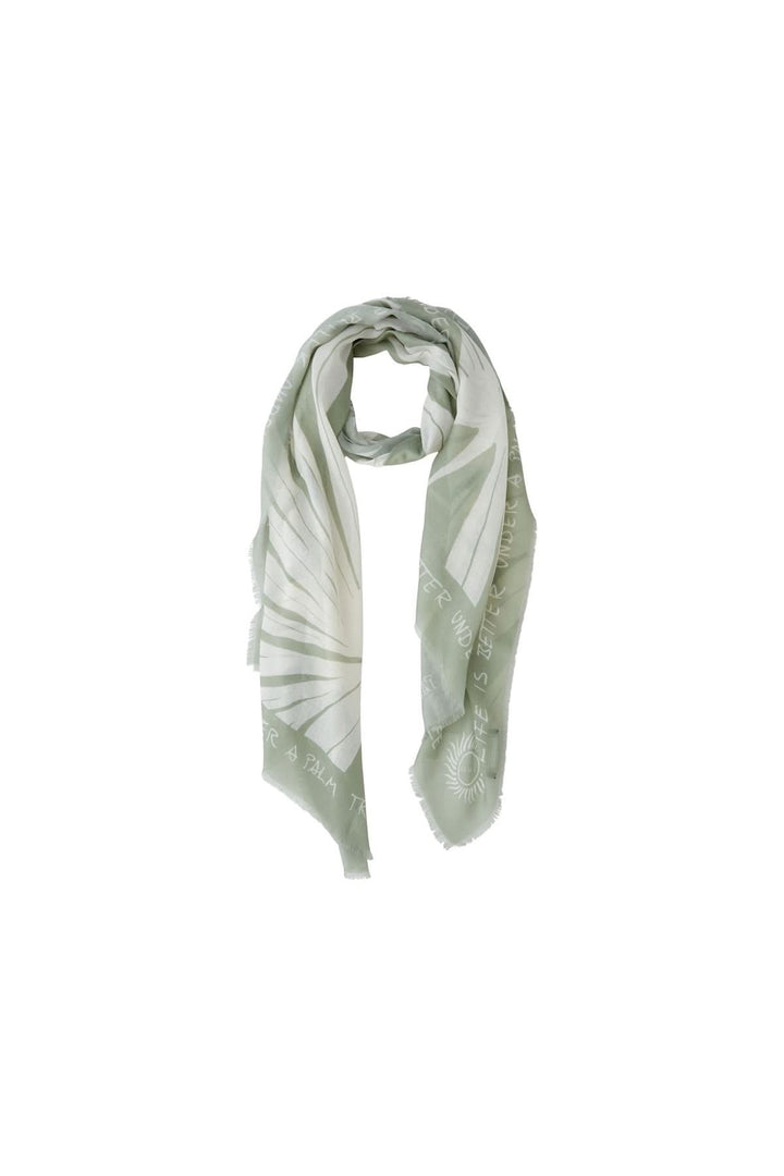 Foulard rectangulaire léger avec imprimé palmier et inscriptions inspirantes, parfait pour un look estival.