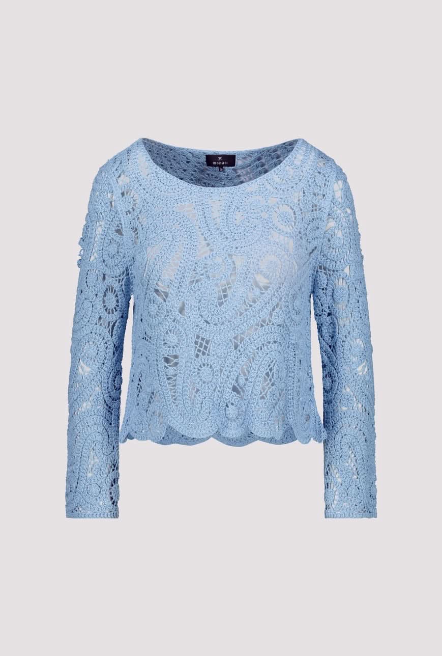 Chandail en crochet bleu, 100 % viscose, col rond et manches longues, élégant et confortable.