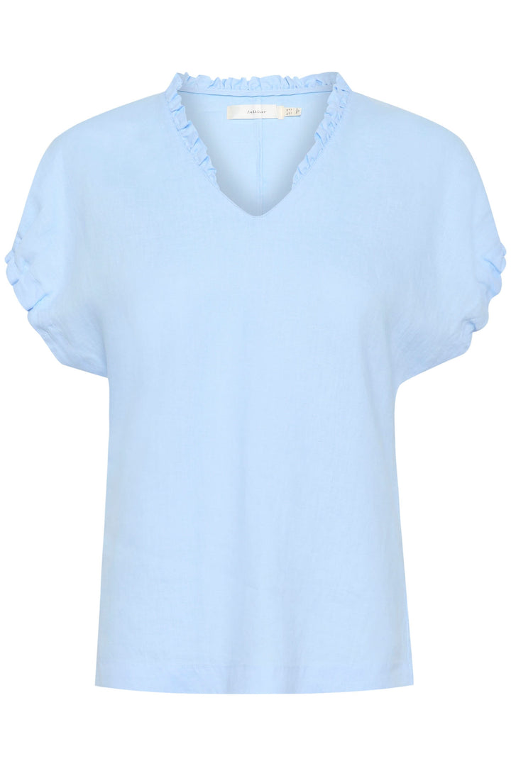 Haut en lin Rigitta bleu clair avec encolure en V et manches courtes retroussées, parfait pour l'été.