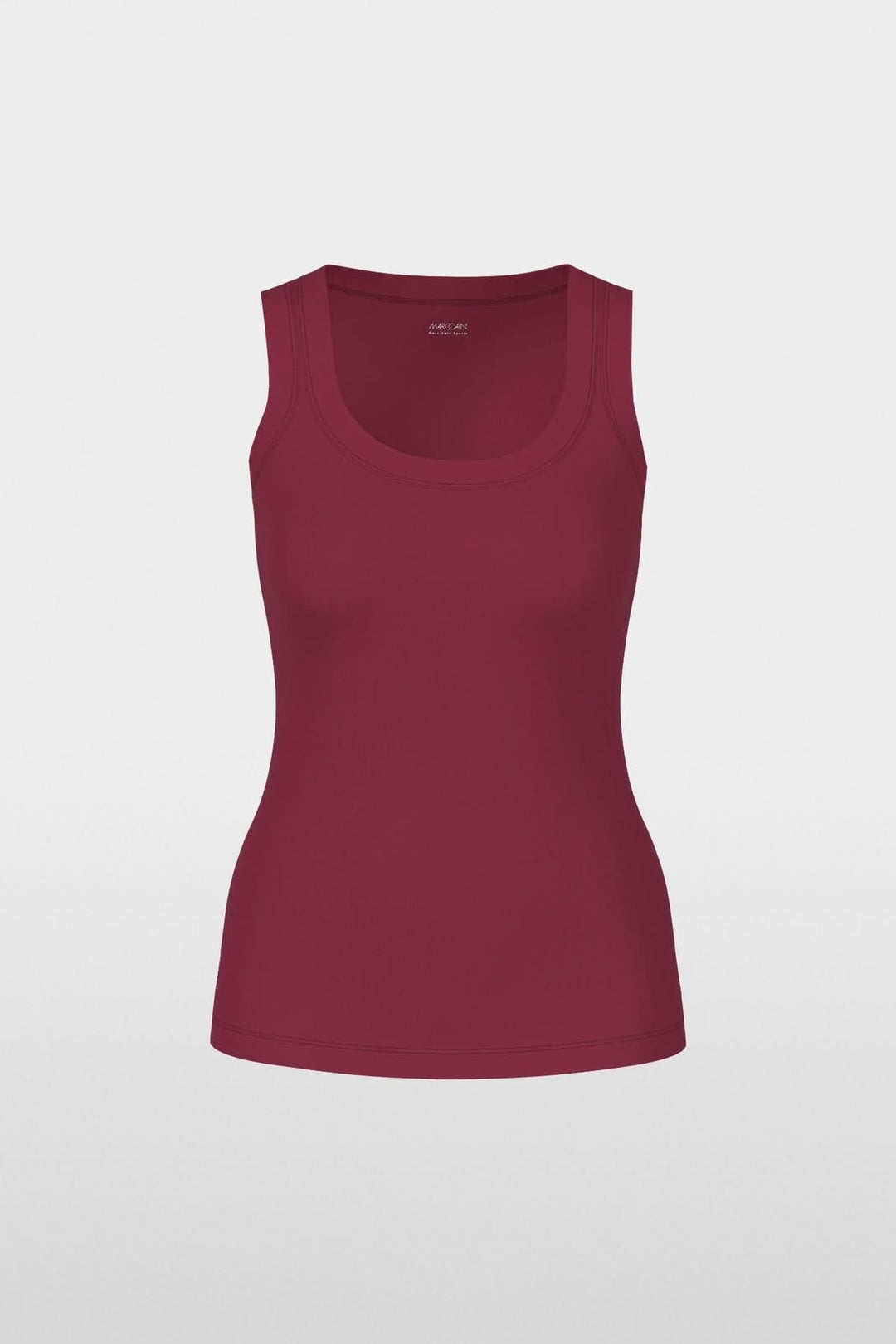 Haut sans manches en coton côtelé bordeaux avec finitions contrastées à l'encolure et aux emmanchures, coupe ajustée minimaliste.