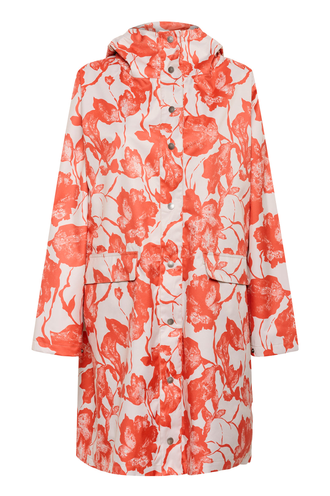 Imperméable Olif avec motif floral rouge sur fond blanc, coupe droite et longueur sous le genou, pour un look moderne et affirmé.