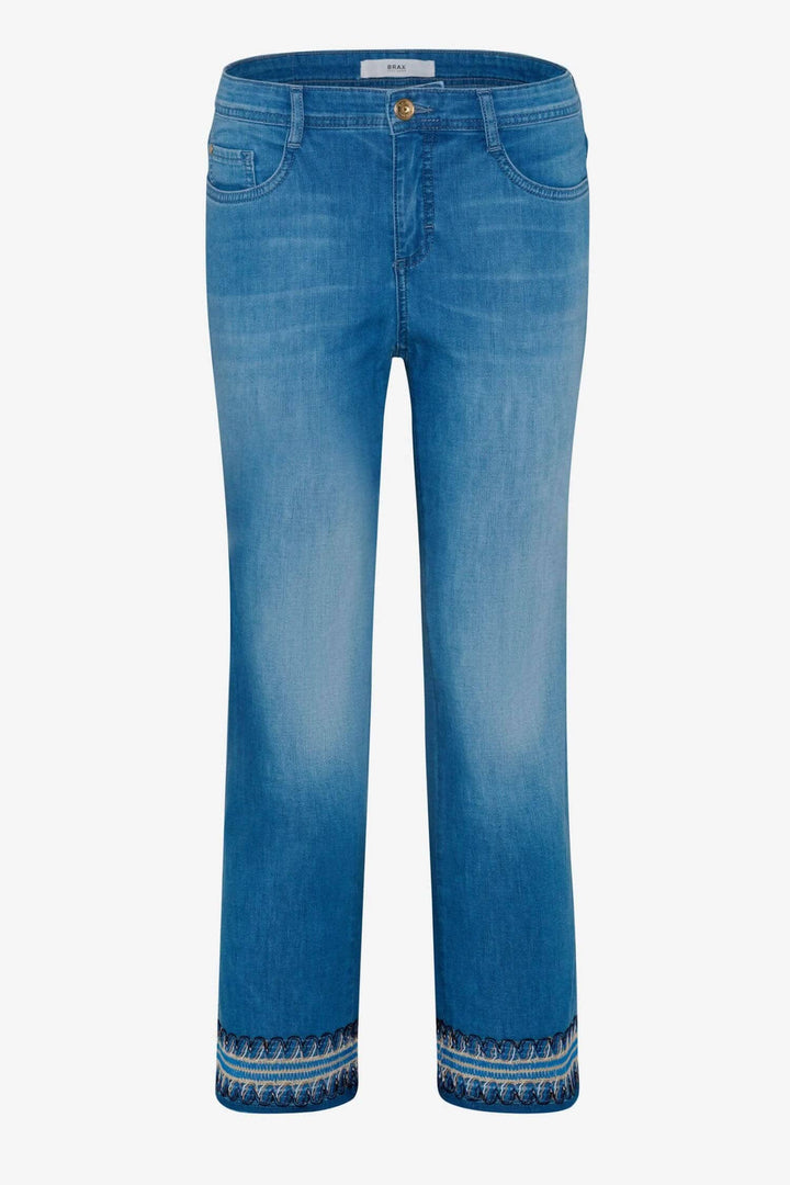 Jean bootcut femme avec broderie, style MARY S, coupe évasée, bleu classique, pantalon à cinq poches.
