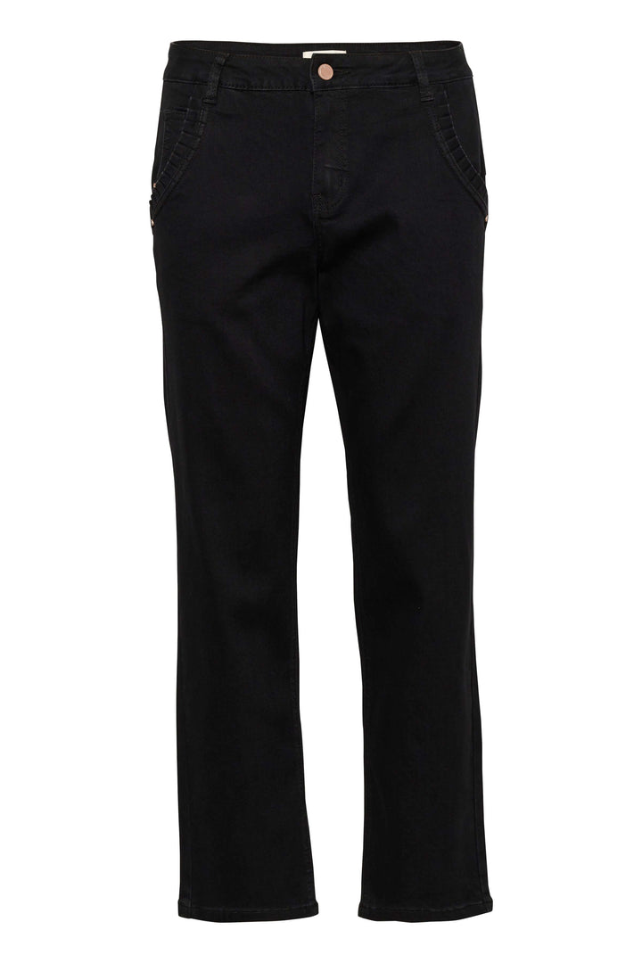 Jean noir à jambe droite avec poches obliques et détail plissé, taille mi-haute, coupe moderne.