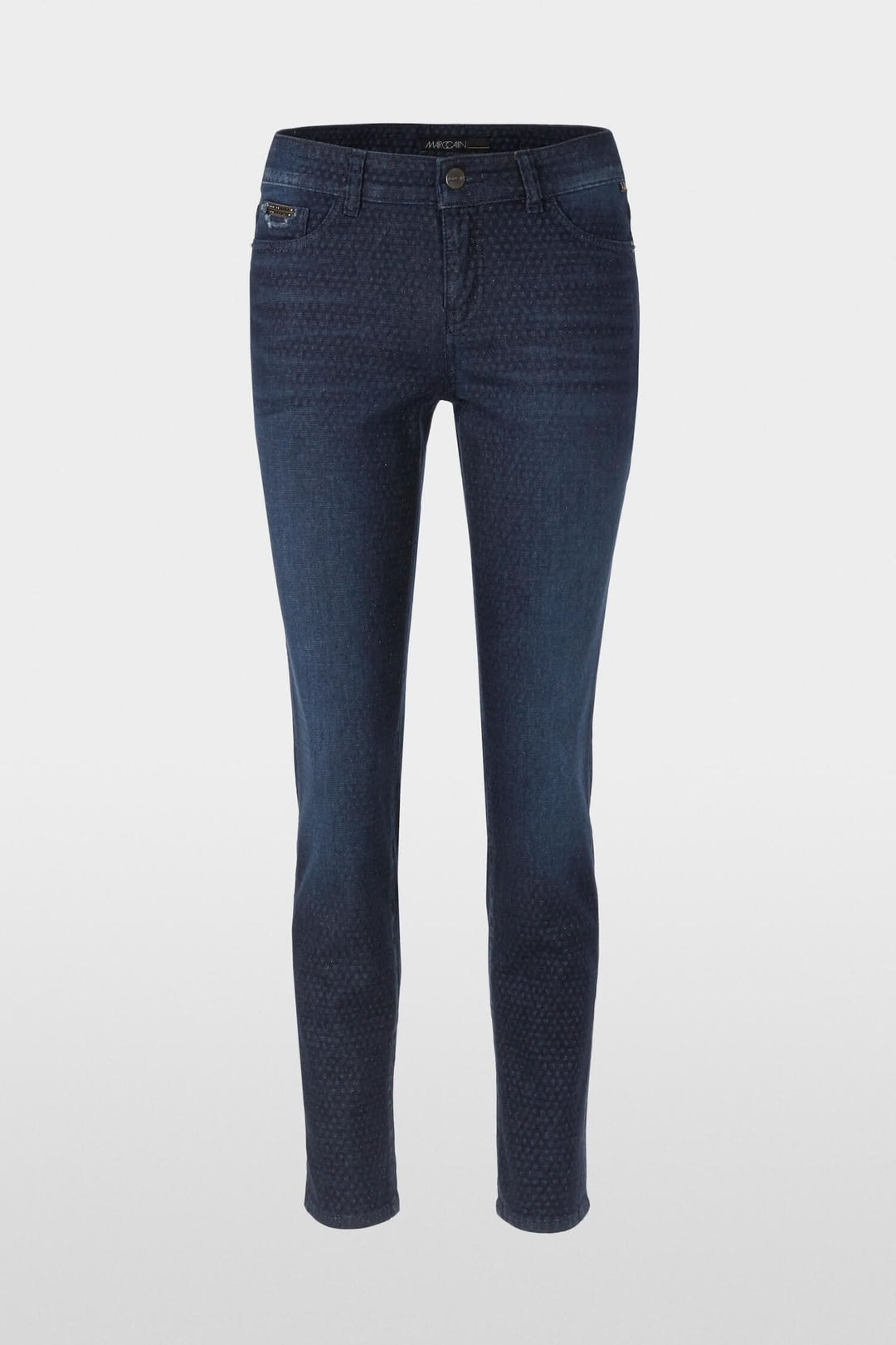 Jean Silvi slim fit, cinq poches, taille basse, tissu italien, design élégant avec quadrillage foncé.