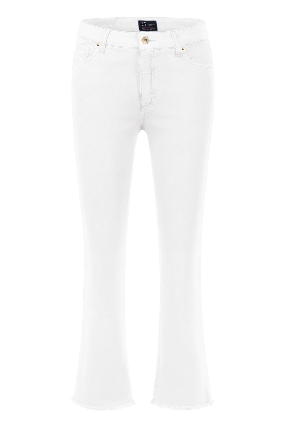 Jean Vic femme en denim blanc, jambe évasée raccourcie et finition effilochée, style moderne.