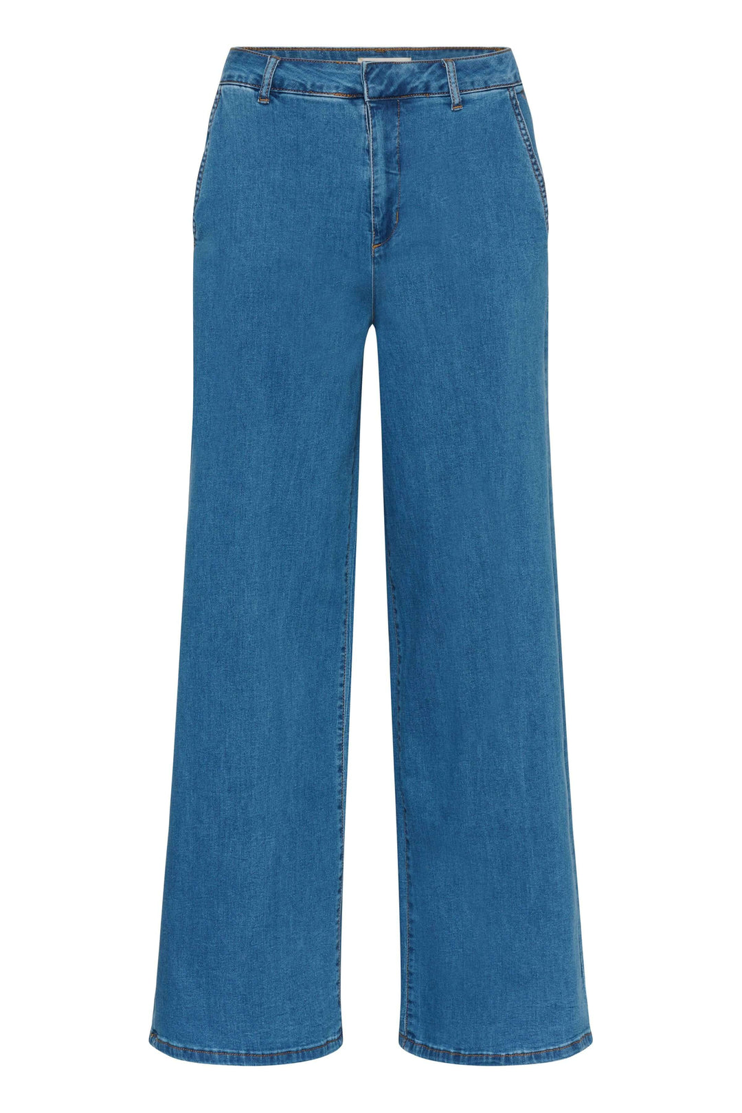 Jean à jambe large de couleur bleue, taille mi-haute, offrant confort et style moderne.