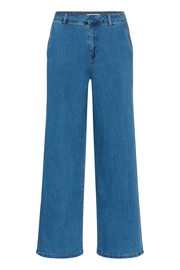 Jean à jambe large de couleur bleue, taille mi-haute, offrant confort et style moderne.