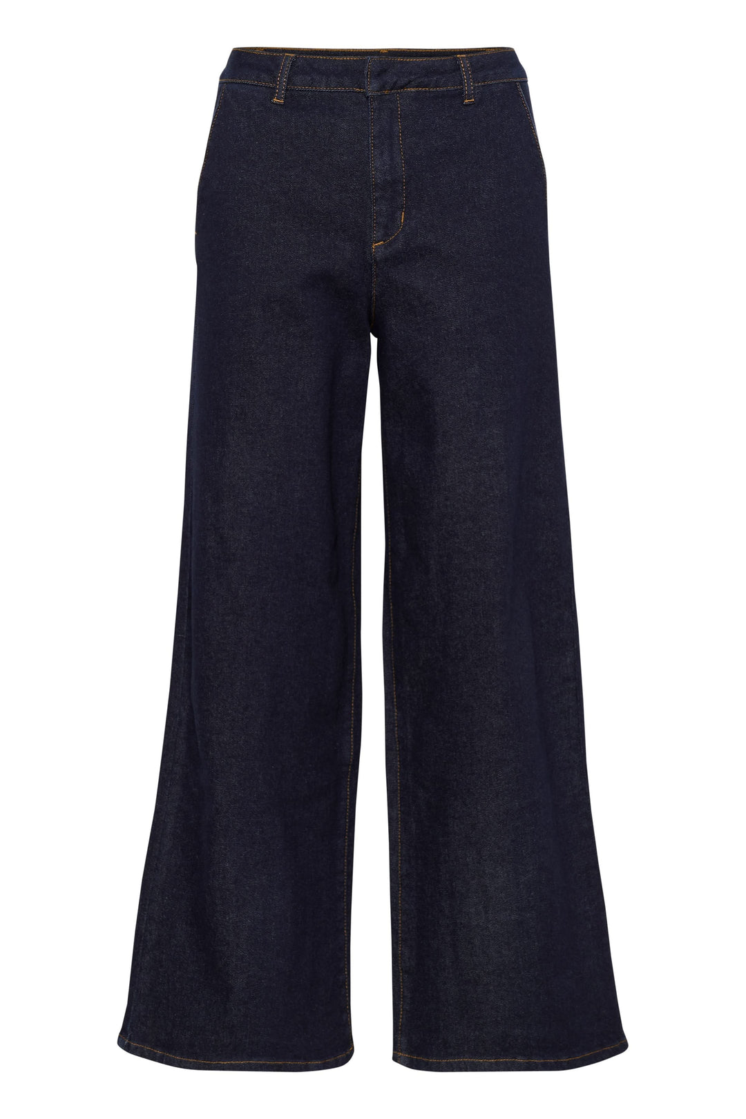 Jean à jambe large en denim, taille mi-haute, fermeture éclair et poches, style décontracté et élégant.