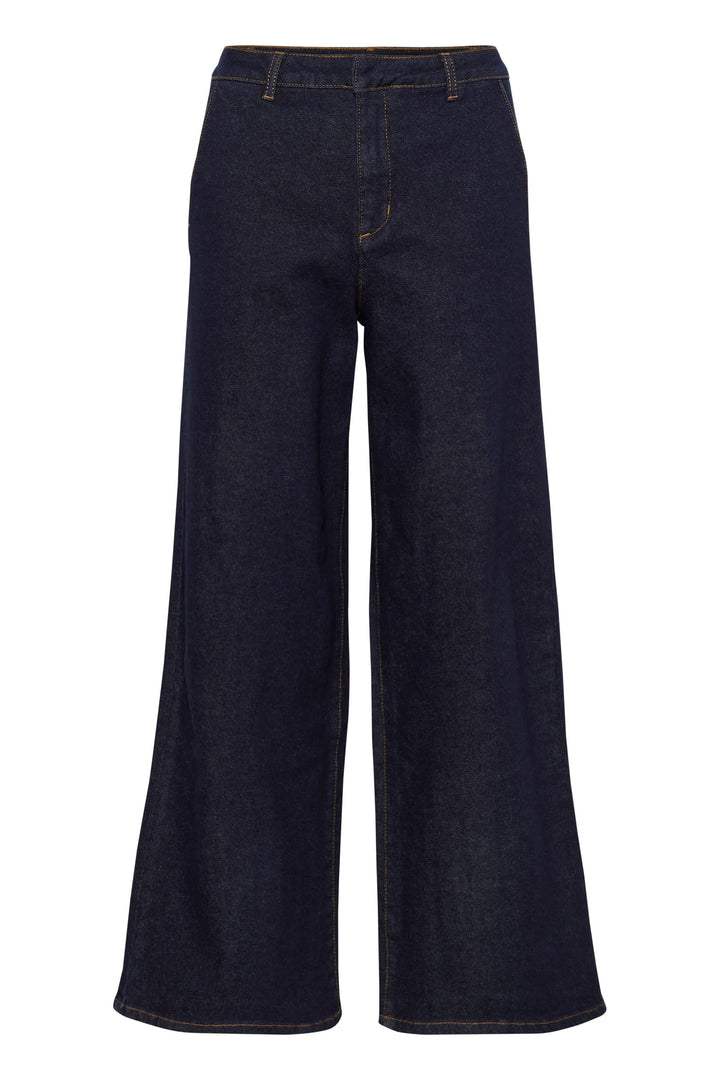 Jean à jambe large en denim, taille mi-haute, fermeture éclair et poches, style décontracté et élégant.