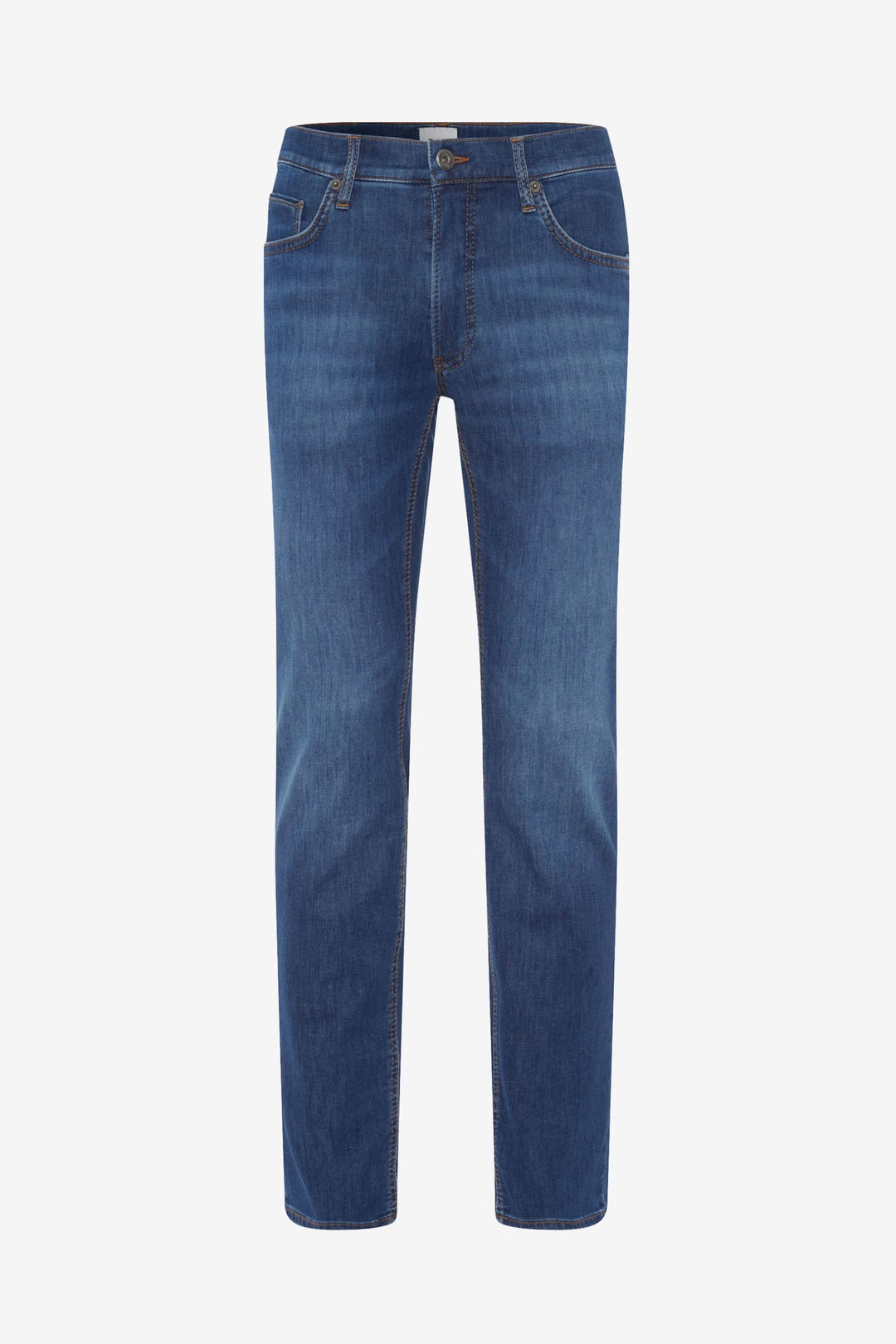 Jean cinq poches moderne en denim bleu, coupe droite légèrement fuselée pour un style décontracté et élégant.