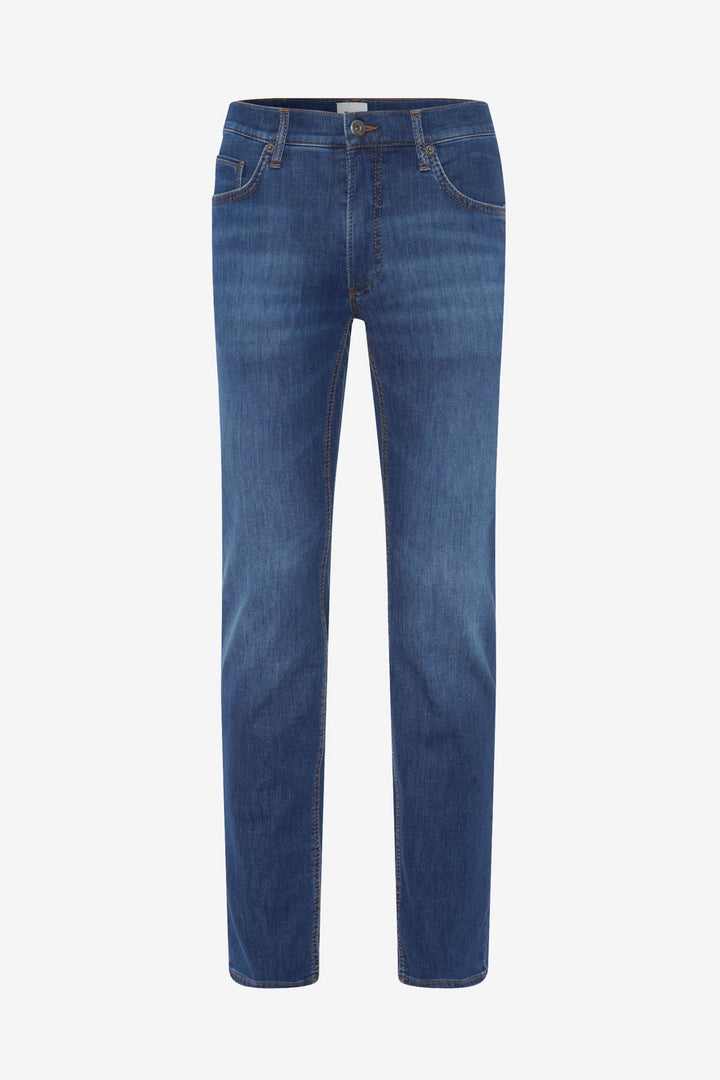 Jean cinq poches moderne en denim bleu, coupe droite légèrement fuselée pour un style décontracté et élégant.