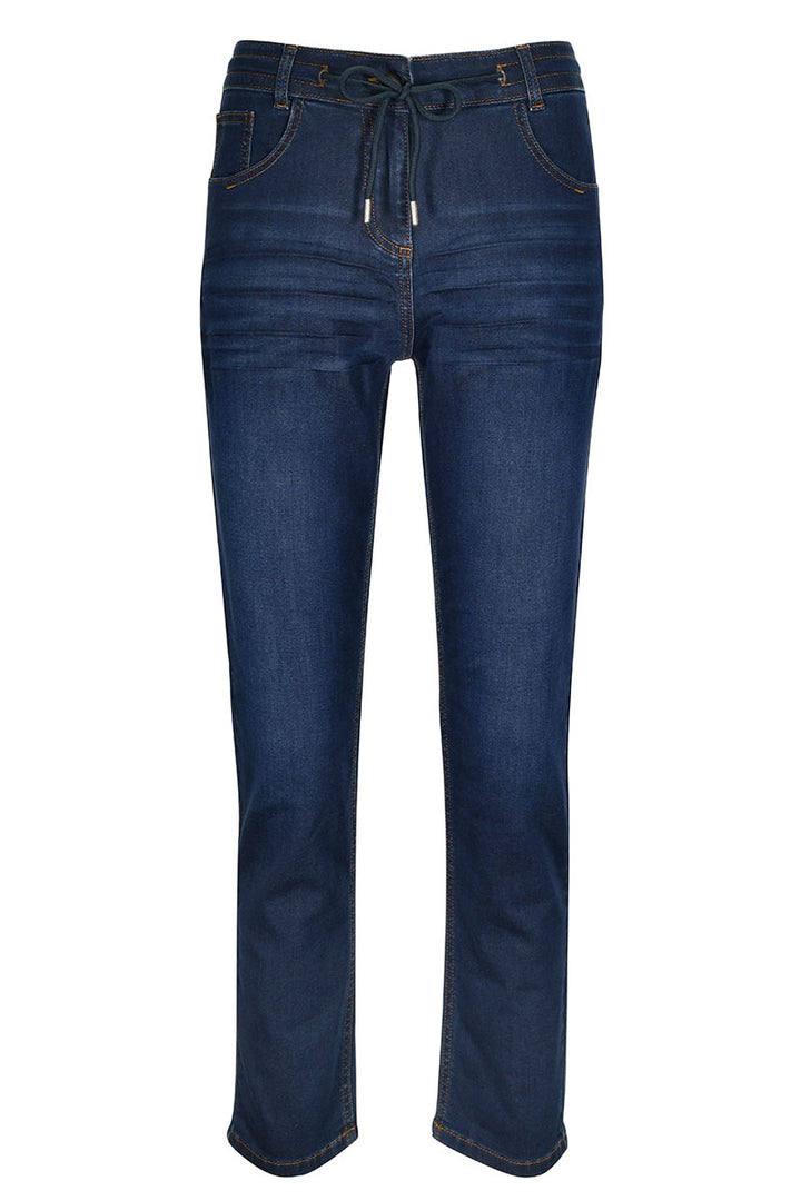 Jean décontracté coupe droite, taille ajustable pour un style moderne et confortable quotidien, dans une nuance bleu foncé.