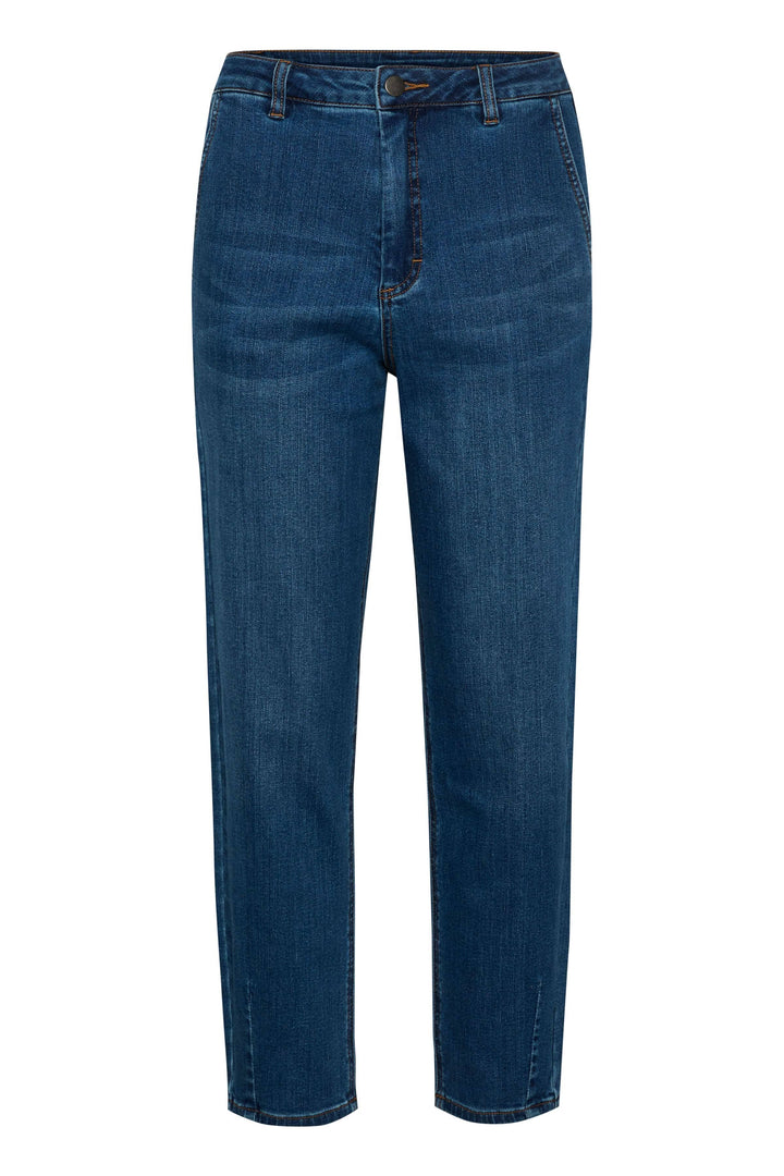 Jean droit Sinem en denim bleu, taille haute avec coupe jusqu&