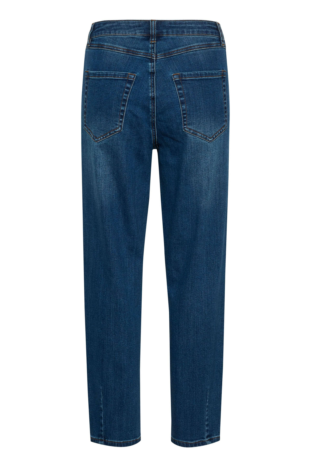 Jean droit Sinem, coupe droite, taille haute, longueur chevilles, en denim bleu avec poches arrière.