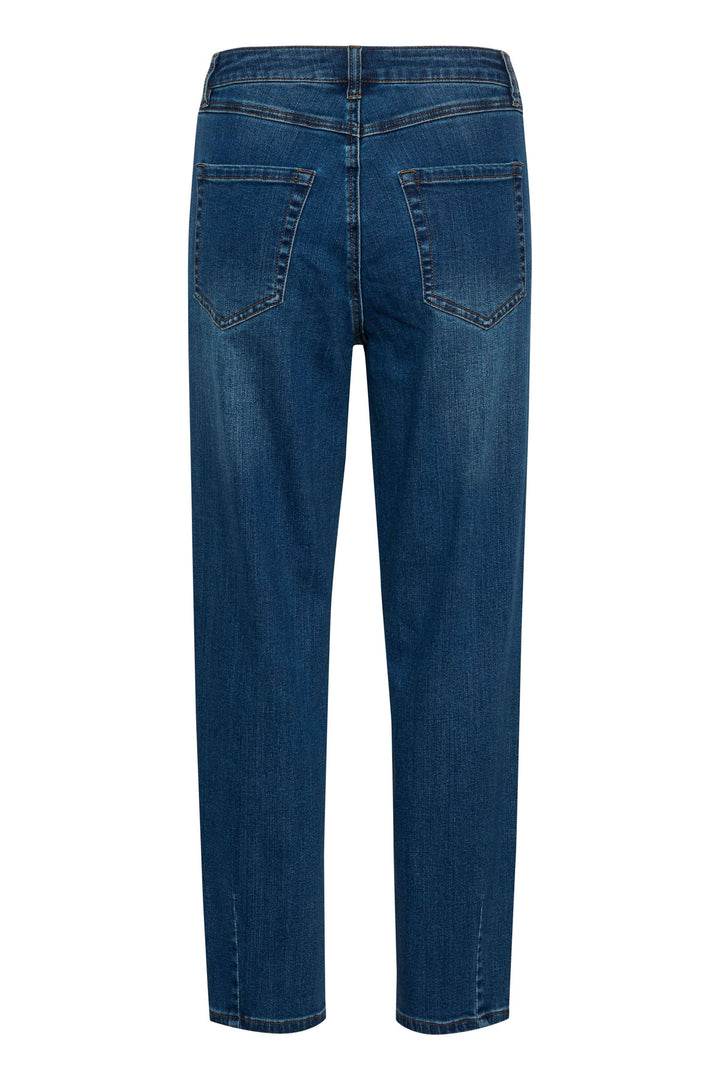 Jean droit Sinem, coupe droite, taille haute, longueur chevilles, en denim bleu avec poches arrière.