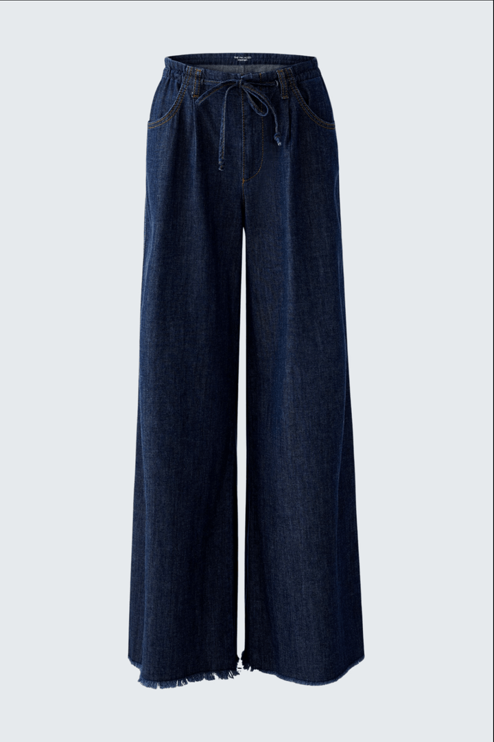 Jean ultra léger coupe large avec taille mi-haute et ceinture à cordon de serrage, couleur denim foncé.