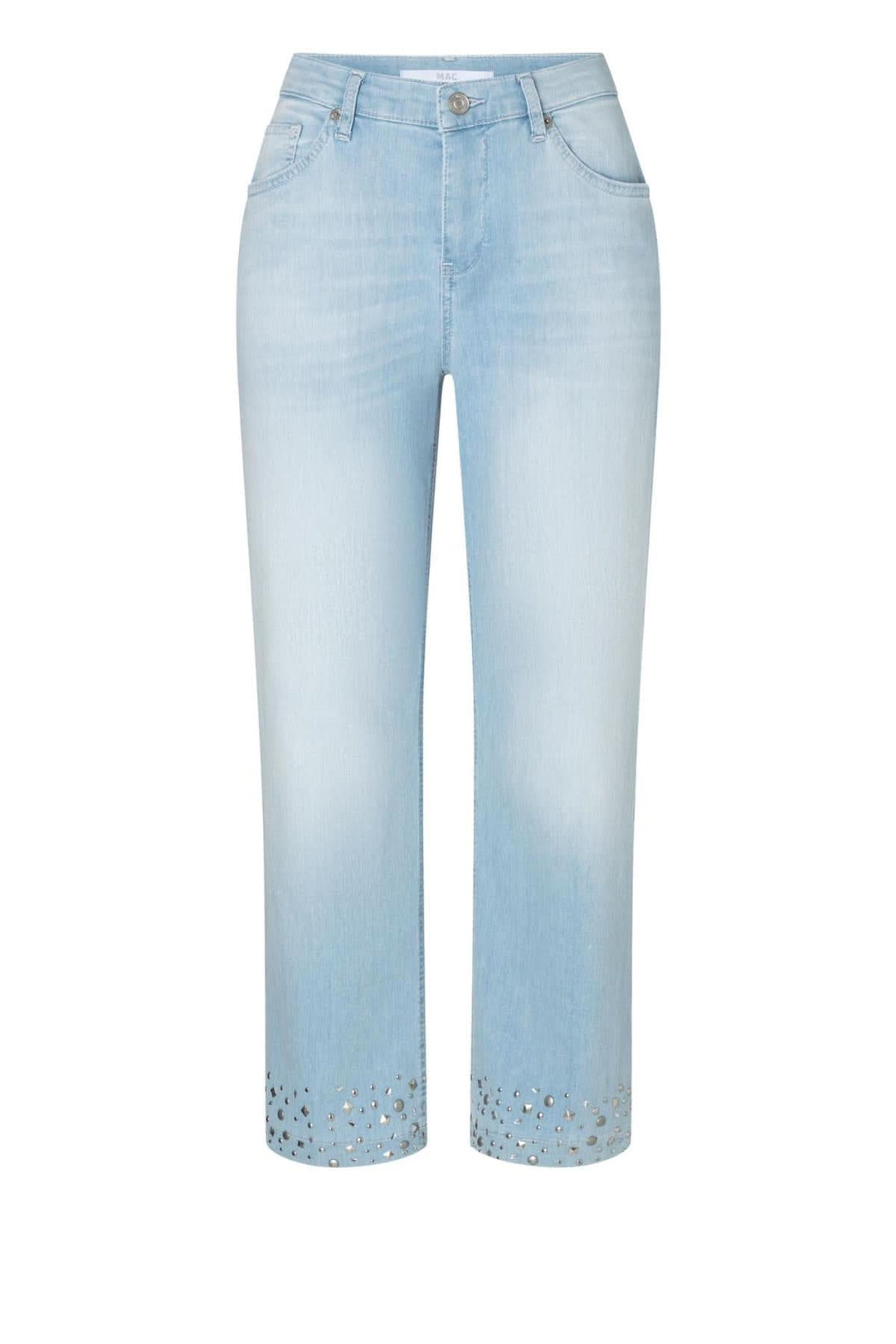 Jean culotte en denim léger avec studs brillants, coupe large et jambe raccourcie, couleur bleu clair.