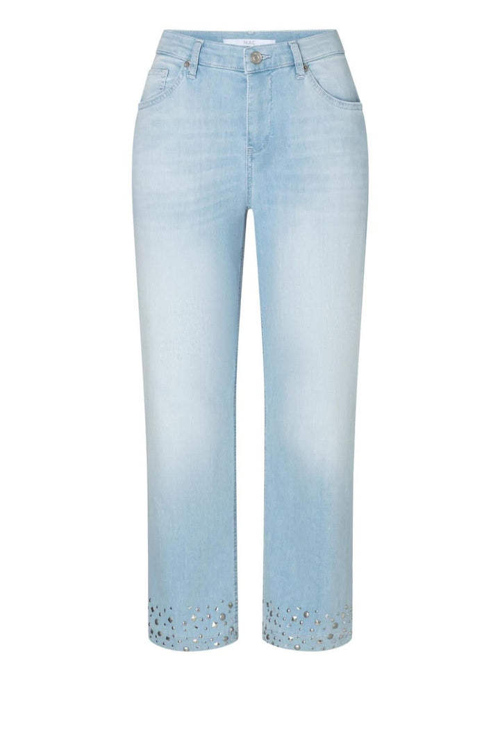 Jean culotte en denim léger avec studs brillants, coupe large et jambe raccourcie, couleur bleu clair.