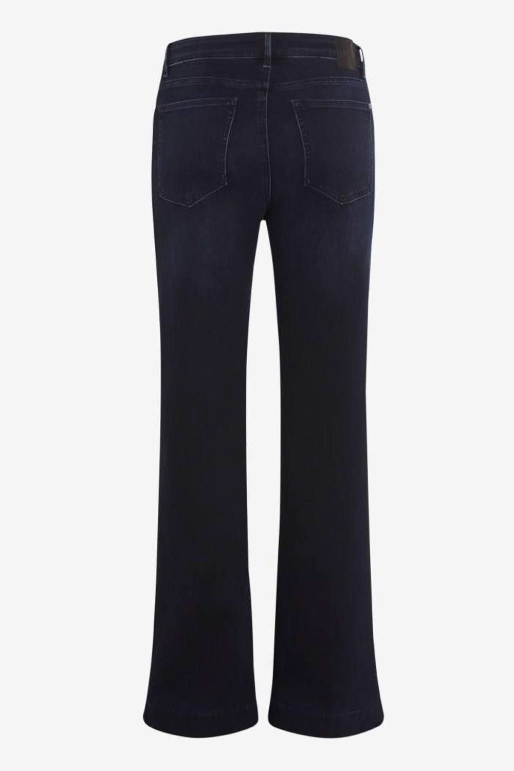 Jeans Shakira coupe évasée en denim bleu foncé, vue arrière, avec taille classique et bas de jambe ample pour un look chic et décontracté.