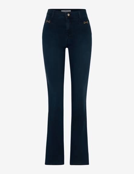 Jeans bootcut SHAKIRA en denim, taille régulière, poches décorées d'appliques dorées.