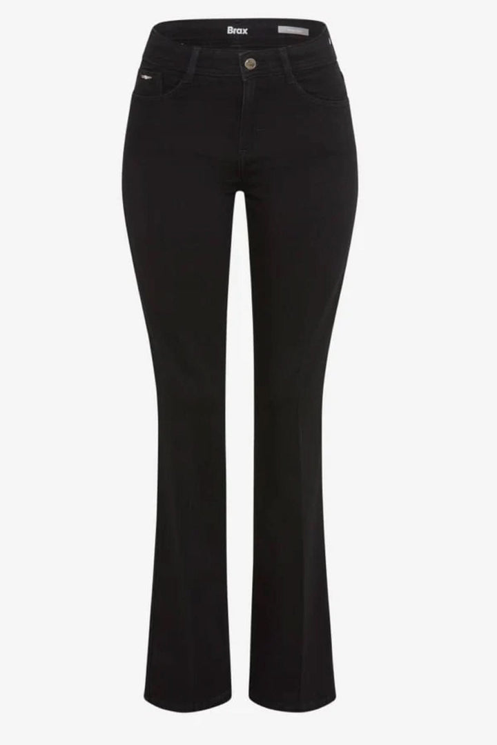 Jeans bootcut Shakira en denim élastique noir, taille mi-haute, coupe légèrement évasée, confort et maintien pour un look polyvalent.