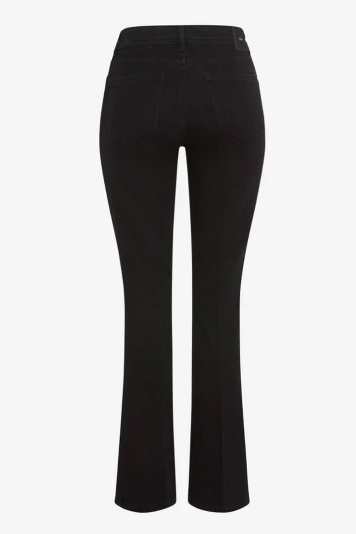 Arrière du jeans bootcut Shakira noir avec coupe évasée et taille mi-haute, denim élastique pour confort quotidien.