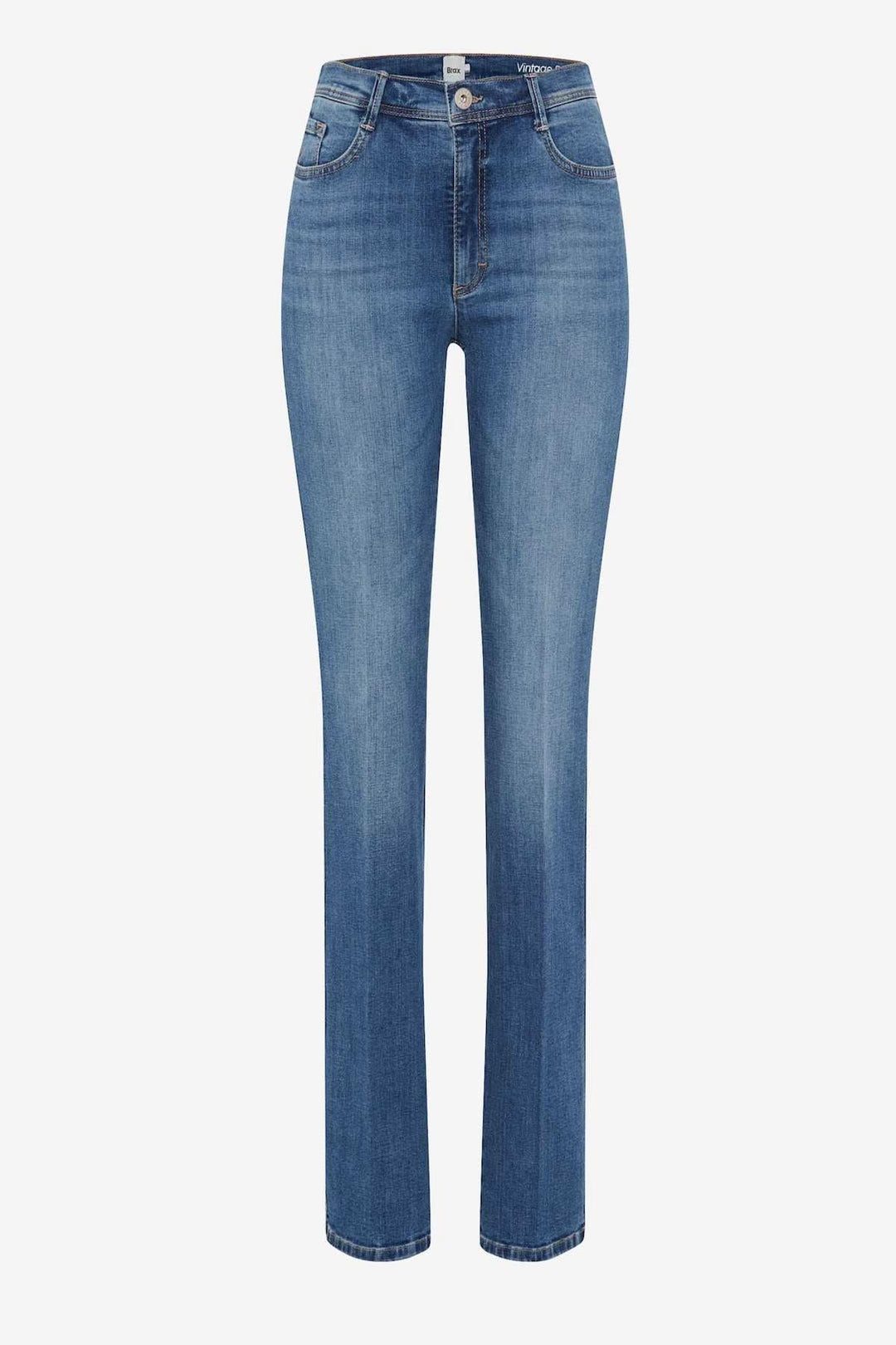 Jeans classique MARY, cinq poches, bootcut, coupe confortable, effet usé, tissu Vintage Stretch.