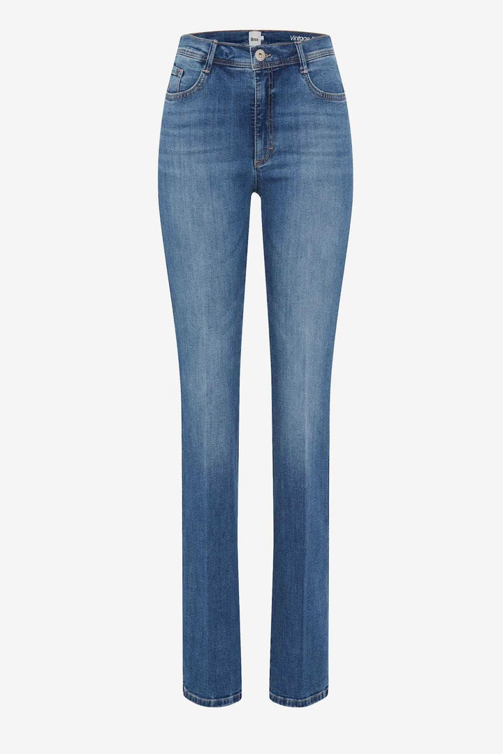 Jeans classique MARY, cinq poches, bootcut, coupe confortable, effet usé, tissu Vintage Stretch.