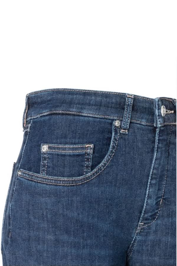 Jeans coupe droite à revers en denim extensible avec taille mi-haute offrant confort et style moderne. Décris moi le produit en français.