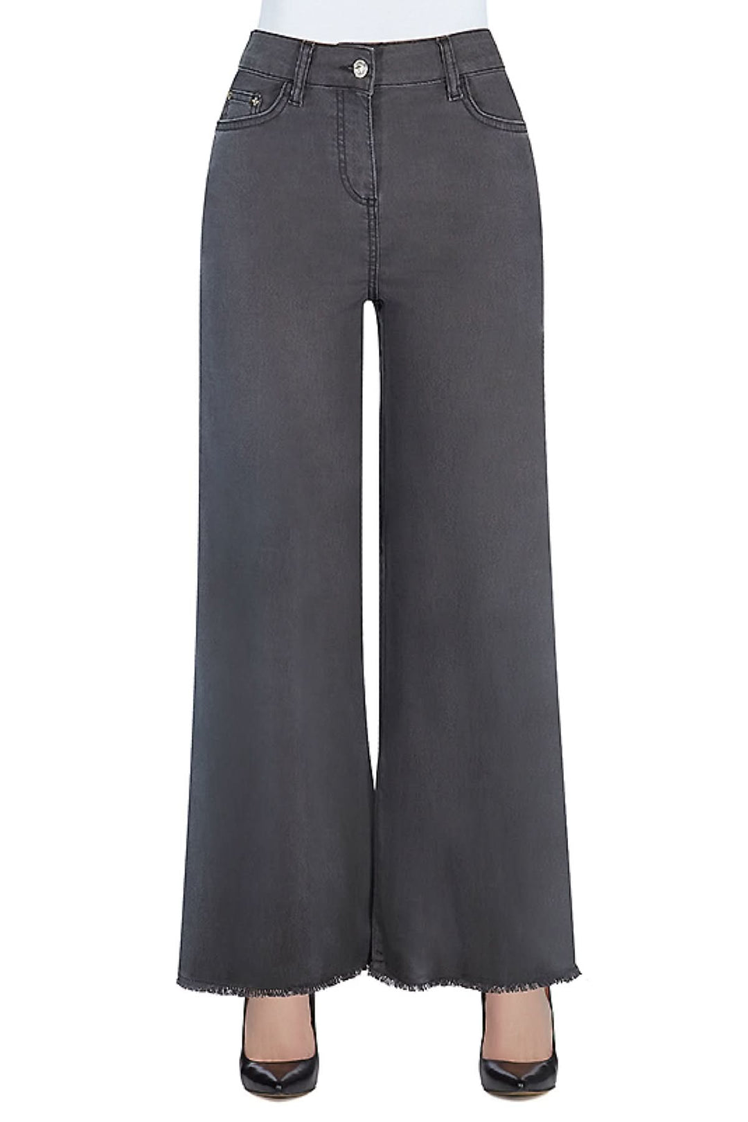 Jeans taille haute en denim léger avec jambes larges et finition frangée, élégant et confortable.