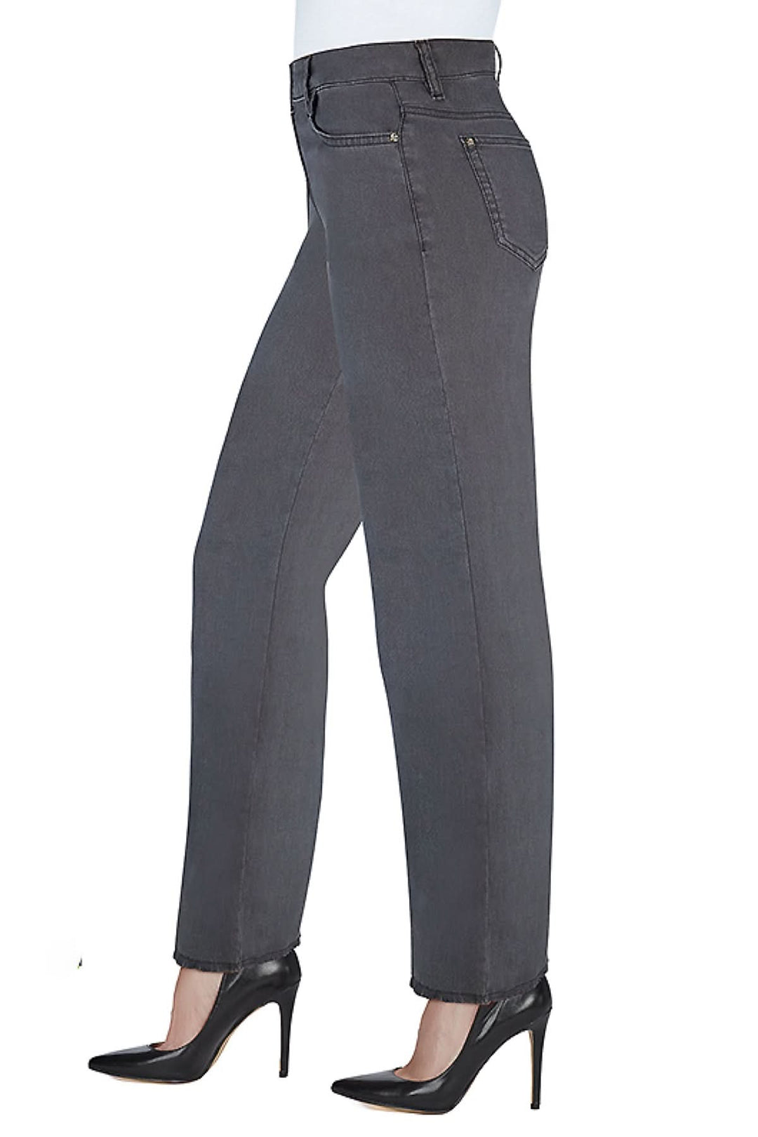 Jeans taille haute avec jambes larges, tissu léger, confort optimal et finition de frange, en gris.