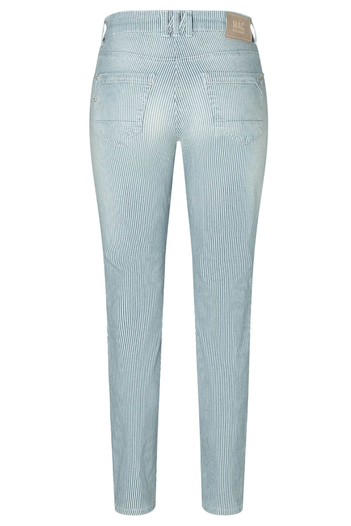 Jeans rayé Mac vue arrière, délavage à l'eau, coupe ajustée, cinq poches et taille normale.