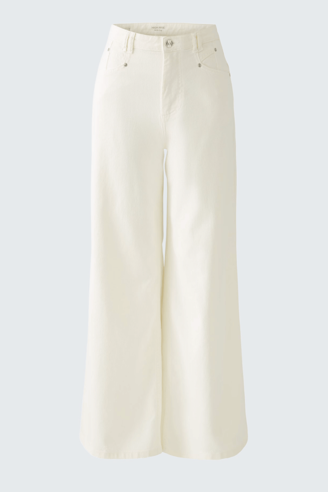 Jean blanc à taille haute et coupe large, idéal pour une tenue élégante et décontractée.