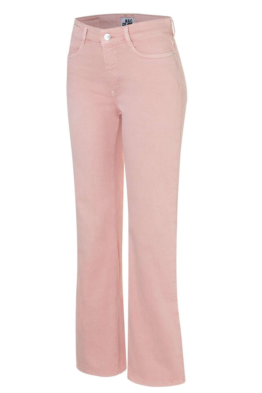 Jeans évasé Laura rose en toile souple, coupe ajustée aux hanches et évasée aux genoux, silhouette flatteuse et confortable.