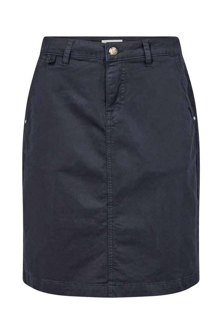 Jupe Berte droite courte bleue avec poches latérales et taille à passants, idéale pour un style décontracté ou habillé.