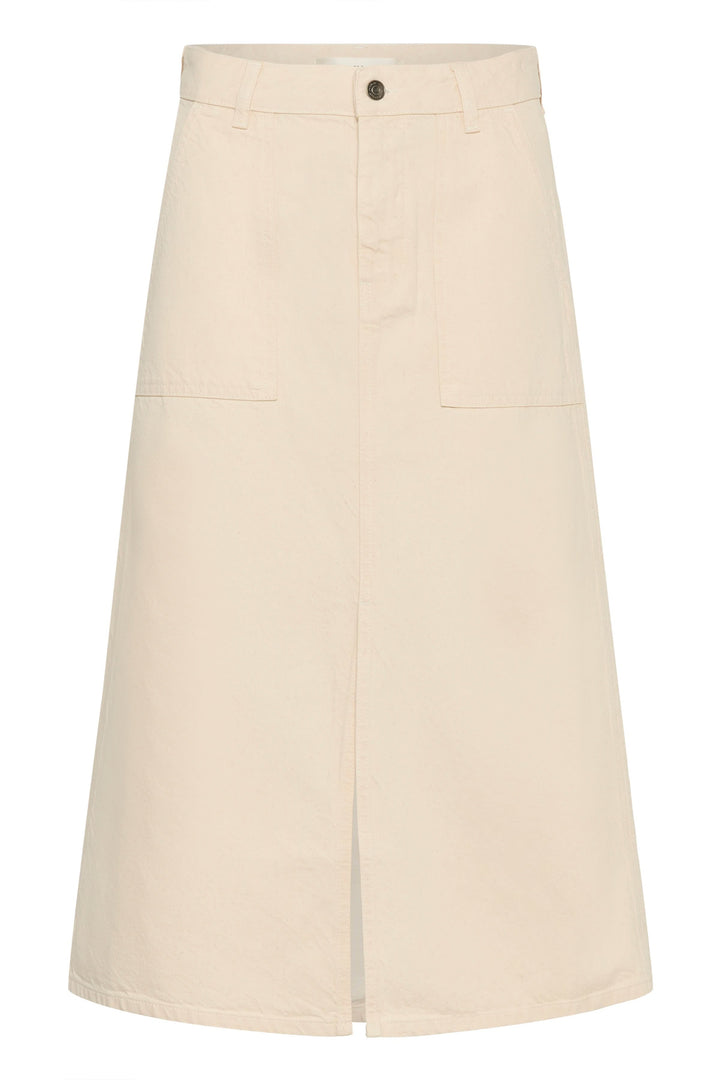 Jupe Dilys midi droite à poches plaquées avec fente avant et taille à passants, couleur beige, vue de face