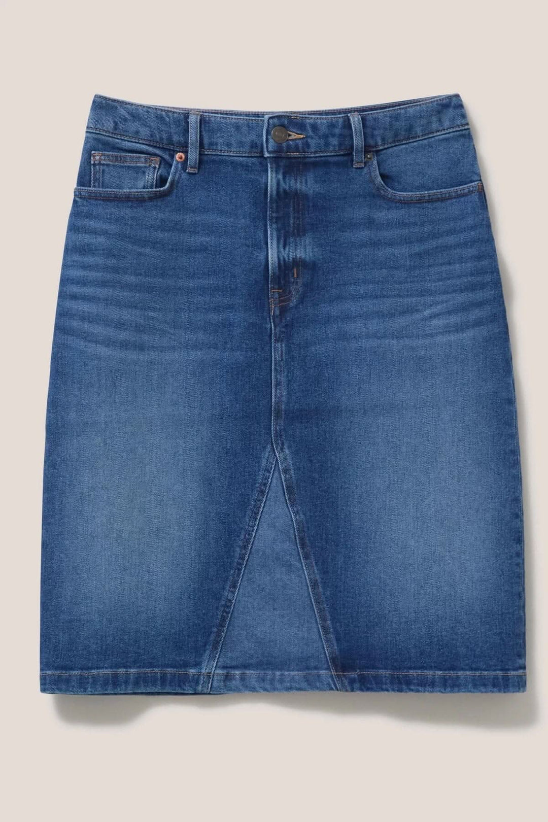 Jupe Jemma en jean, midi, coupe classique, couleur denim, idéale pour un look décontracté ou chic.