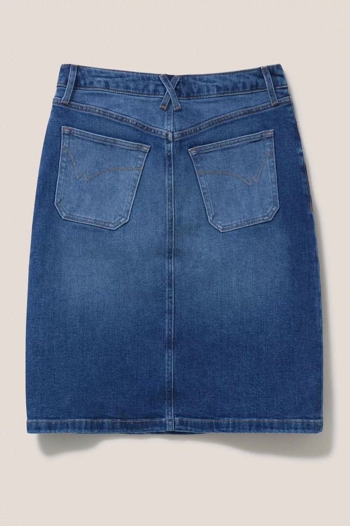 Jupe Jemma en jean, jupe midi en denim classique avec poches arrière, idéale pour un look décontracté ou chic.