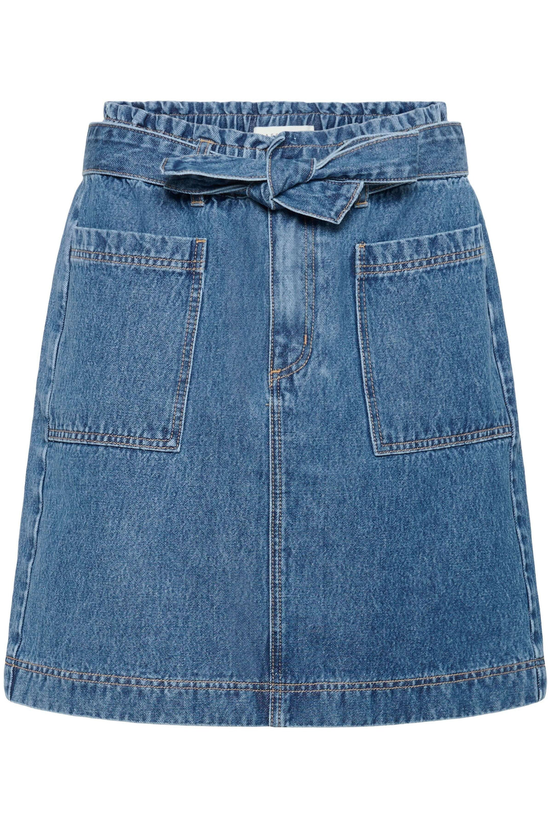 Jupe Klara en denim structurée avec ceinture intégrée, style moderne et féminin au quotidien, coupe droite, taille haute.