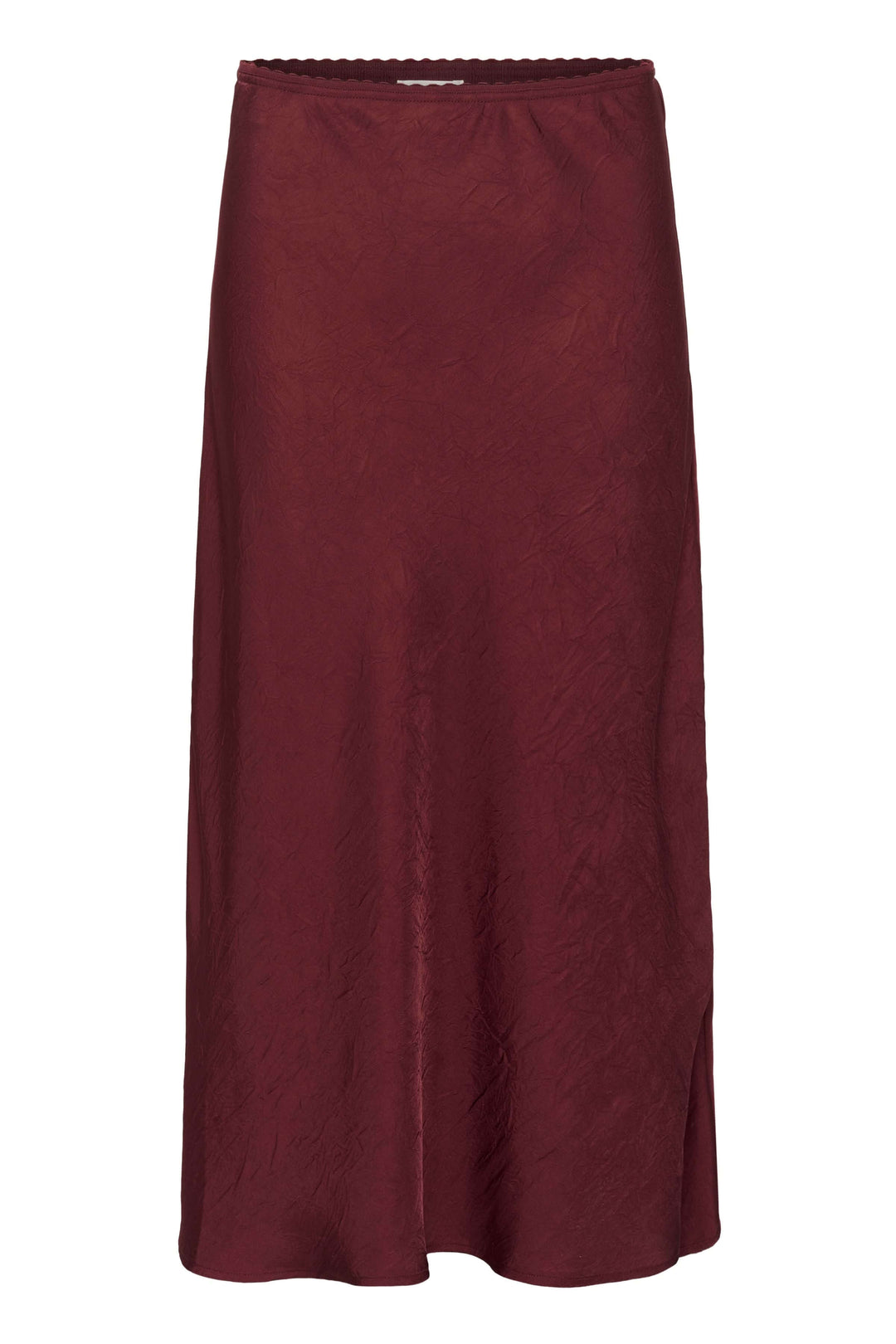 Jupe Laurina midi fluide en satin bordeaux, taille mi-haute et coupe évasée, idéale pour bureau et sorties.