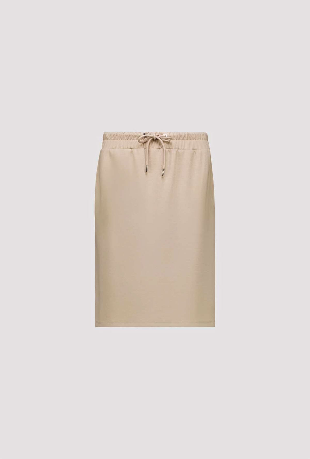Jupe droite à taille élastique beige avec cordon ajustable, idéale pour tenues polyvalentes et confortables.