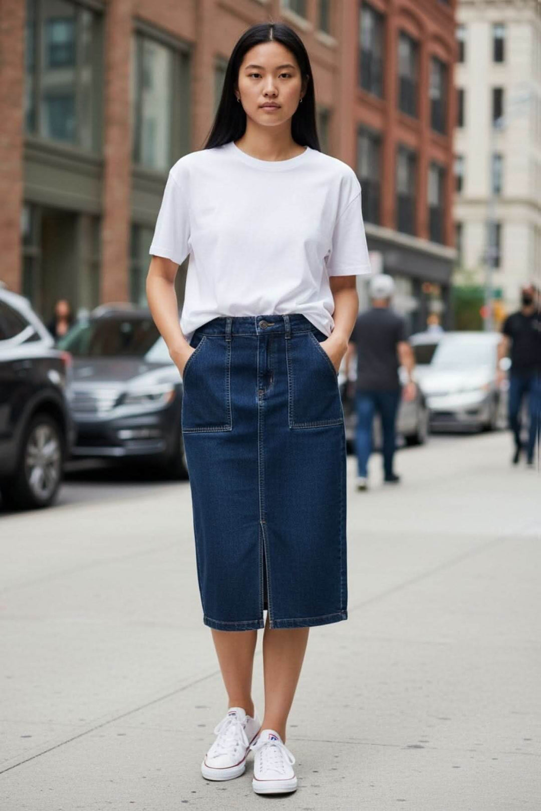 Jupe en jeans longueur midi portée avec t-shirt blanc, idéal pour un style décontracté et moderne.