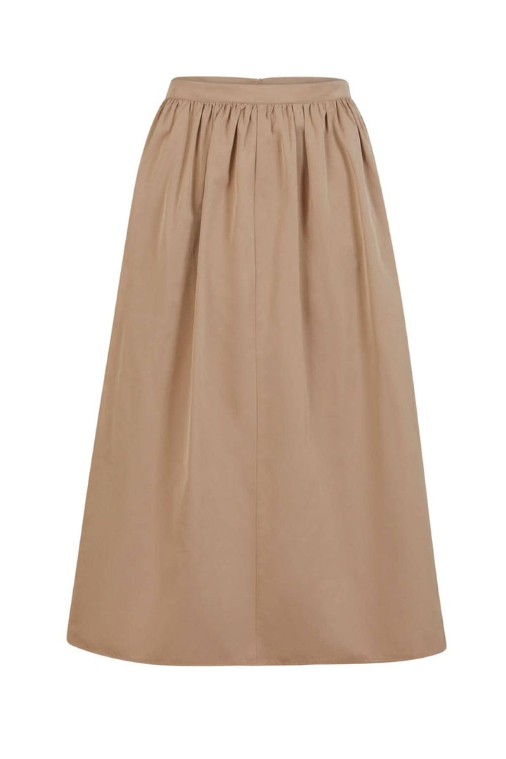Jupe longue beige, plis en haut, longueur mollets, coupe large en bas, fermeture éclair à l&