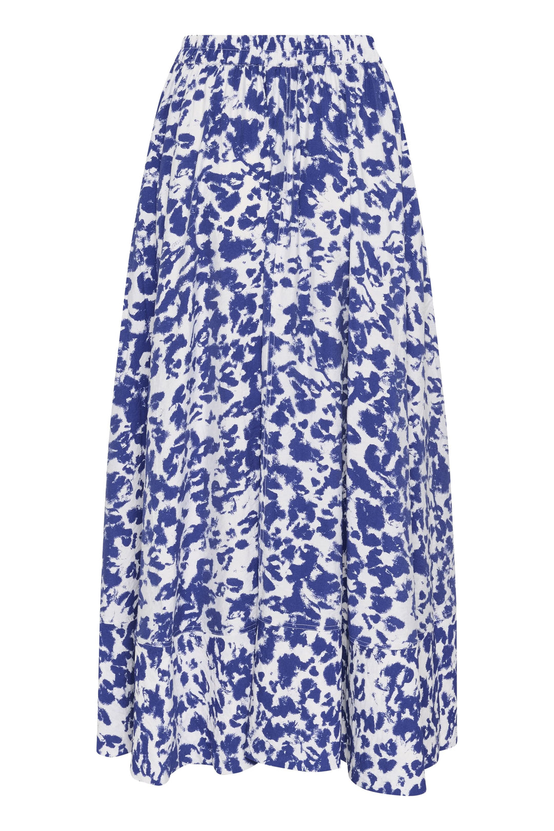 Jupe longue Faye en viscose douce, imprimé floral bleu et blanc, coupe évasée et taille élastique.