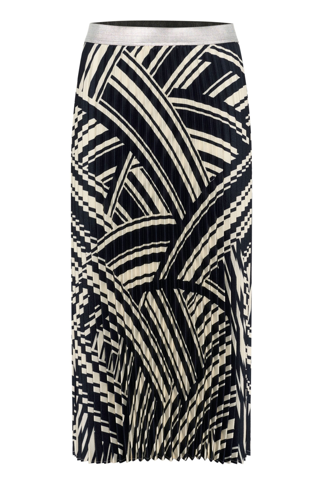 Jupe longue Nisma plissée avec design graphique en noir et blanc, taille élastique pour un confort optimal.
