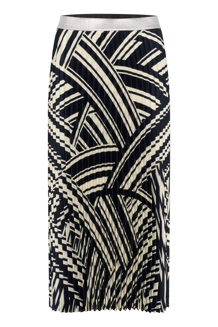 Jupe longue Nisma plissée avec design graphique en noir et blanc, taille élastique pour un confort optimal.