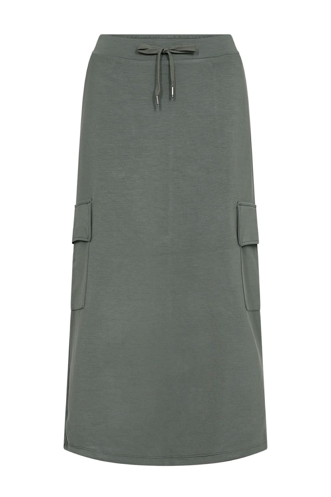 Jupe longue souple en modal, taille élastique, design trapèze, poches latérales, couleur verte, longueur midi.