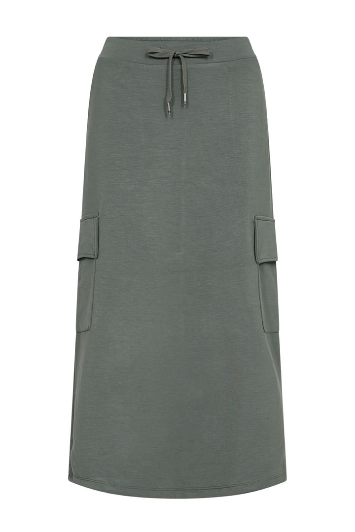 Jupe longue souple en modal, taille élastique, design trapèze, poches latérales, couleur verte, longueur midi.