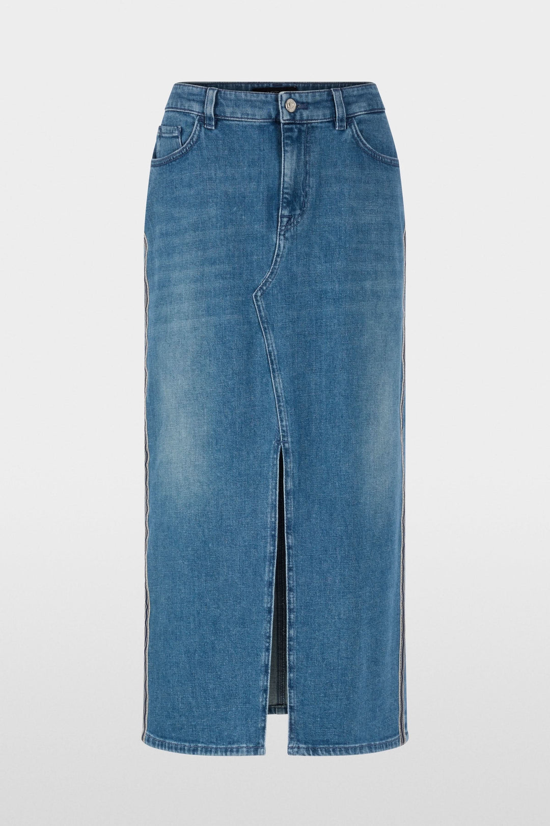 Jupe midi en jean à rayures latérales avec fente centrale, coupe droite et fermeture à bouton, parfaite pour un look moderne et polyvalent.