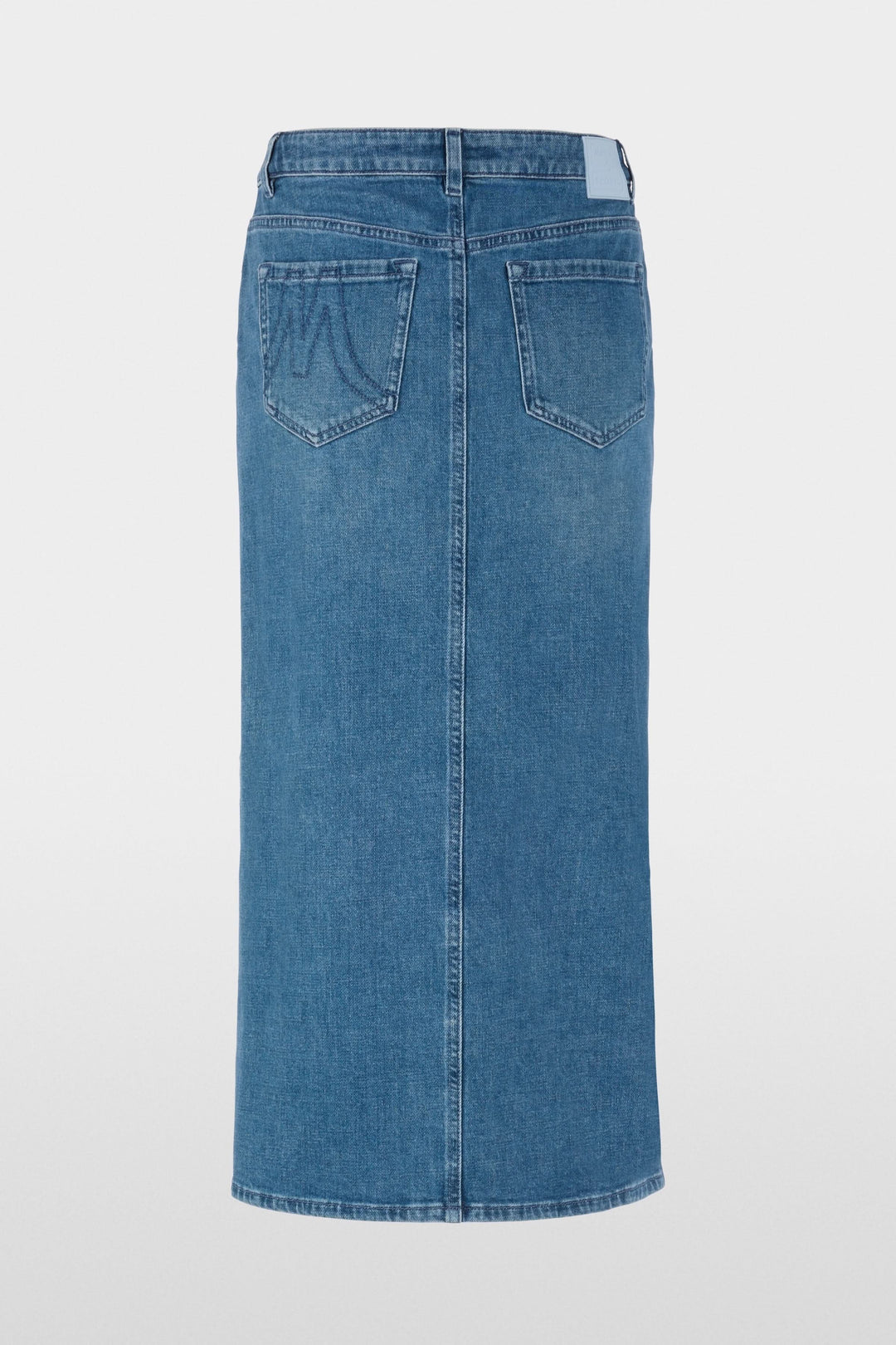 Jupe midi en jean à rayures latérales avec coupe droite et poches arrière, idéale pour un look décontracté ou soigné.